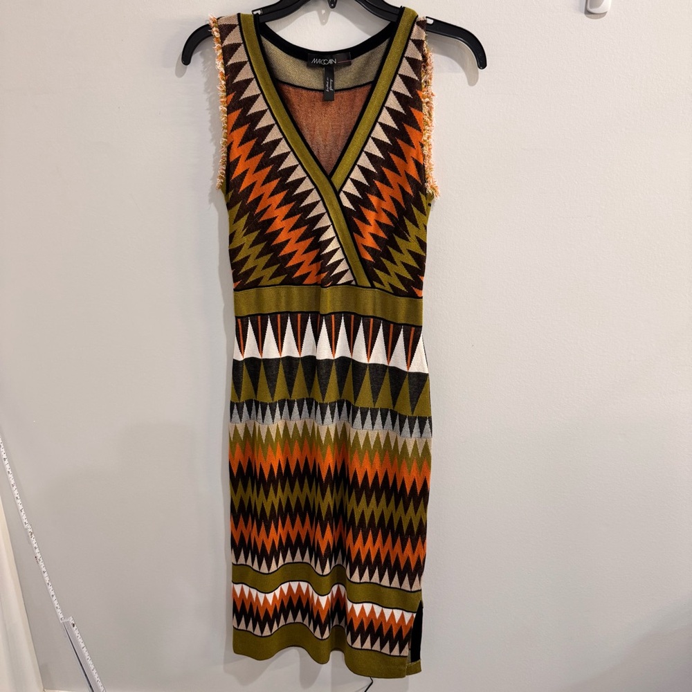 Marc Cain Rethink Together Knitted Dress Deep Olive Green Chevron print mosaic